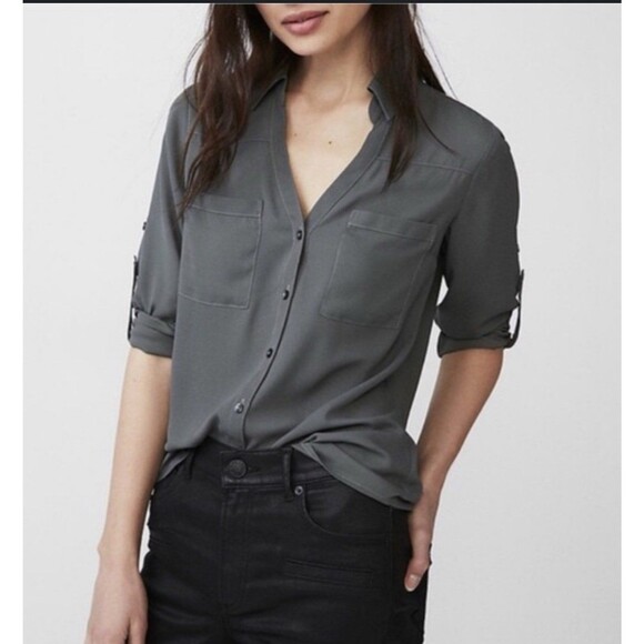 Express Portofino Dress Shirt Women’s Size M – Gray Button-Down Blouse - Picture 1 of 7